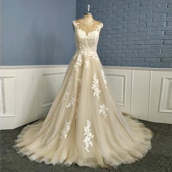 

Real Image Sheer O Neck Applique Sequin Beading A Line Court Train Champagne Bridal Dresses