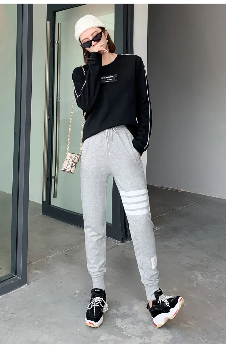 BIVIGAOS Four Bars Cotton Gray Sport Pants Women New Korean Casual Sweatpants Slim Joggers Pants Spring Autumn Sweat Pants