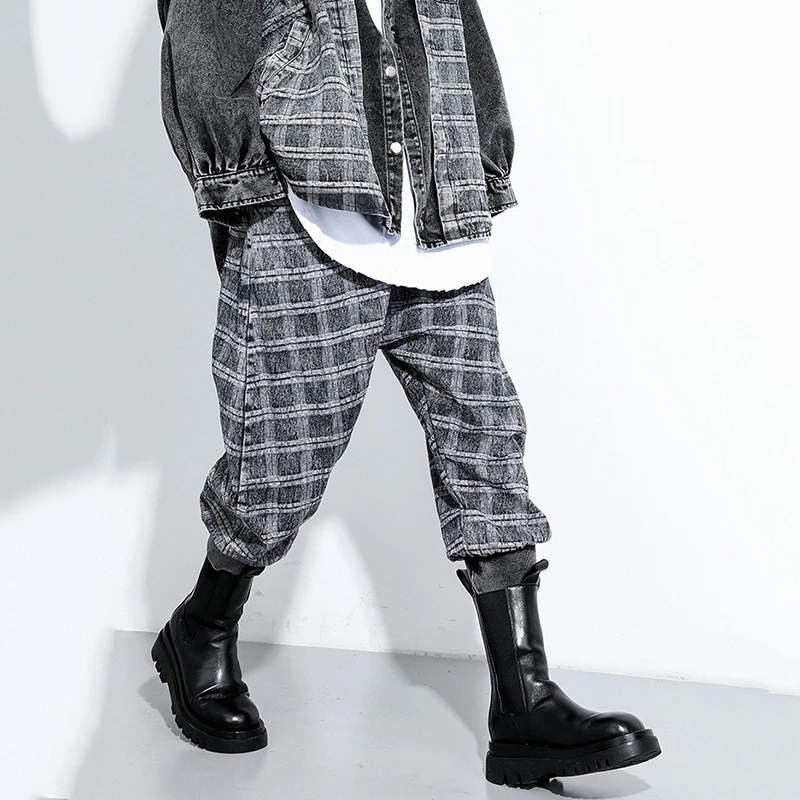 [EAM] High Elastic Waist Black Denim Plaid Harem Trousers New Loose Fit Pants Women Fashion Tide Spring Autumn 2020 1DA090