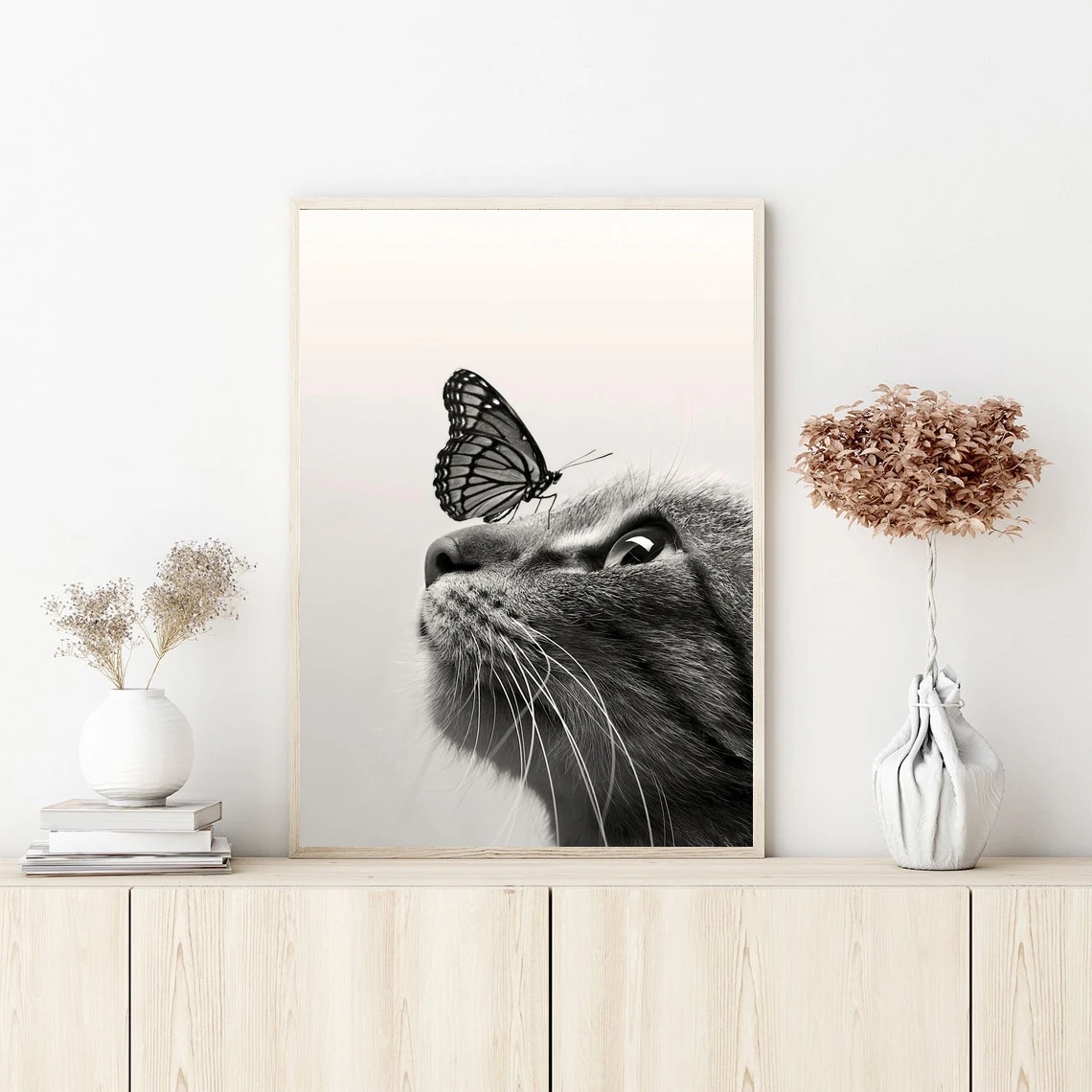 Cat And Butterfly Wall Art Photography Animal Cat Art Poster Canvas