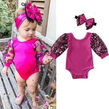 

2020 New Newborn Baby Girl Bodysuit Lip Print Long Mesh Puff Sleeve Bodysuit Jumpsuit Headband Valentine Outfit Summer 0-18M