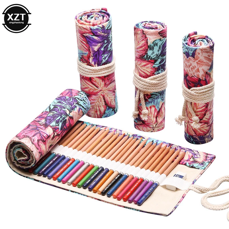 Rolling up Pencil Bag 12/24/36/48/72 Holes Canvas Pen Case Crayon Pouch Box Wrap Stationery School Office Supplies Gift | Канцтовары для