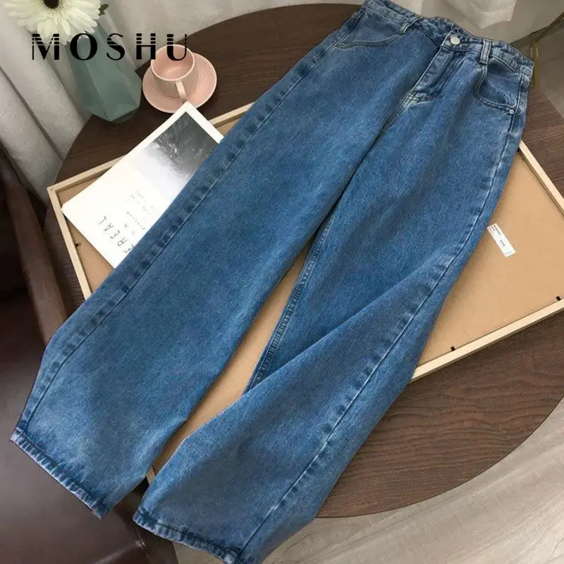 Denim Pantalón ancho Vintage pantalones de pierna mujer coreana larga recta pantalones de cintura alta, Jeans Casual pantalones sueltos azul negro 2021