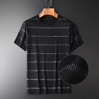 

T-shirts Yarn Dyed Luxury Soft Silky Kintted Summer Man T-shirt Plus Size 4xl Fashion Round Collar Stripe Mens Tee