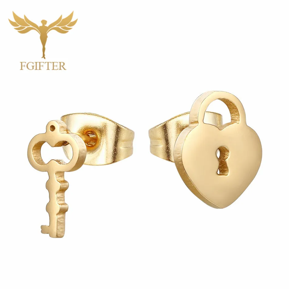 Lock Key FGifter, хип-хоп, рок, Иисус, серьги-гвоздики, золото, серебро, цвет, маленькие серьги, для женщин, мужчин, из нержавеющей стали, серьги для пирсинга, ювелирные изделия - Окраска металла: Lock Key