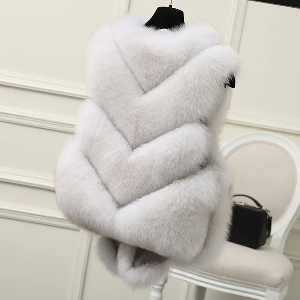 Plus Size Women's Slim Faux Fur Vest Winter Sleeveless Outwear Coat Ladies Fashion Solid Color Warm Waistcoat For Streetwear
