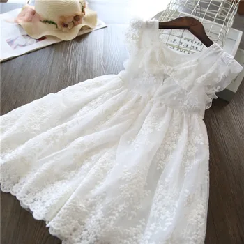 

White Grils Lace Dresses Children's bow embroidered princess dress Summer Soft Mesh Girl Dress