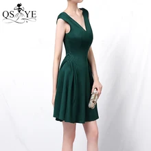 

Simple Green Short Prom Dresses 2021 Unique Cutting Evening Dress A Line Party Gown Satin Girl Prom Gown V Neck Drop Waistline