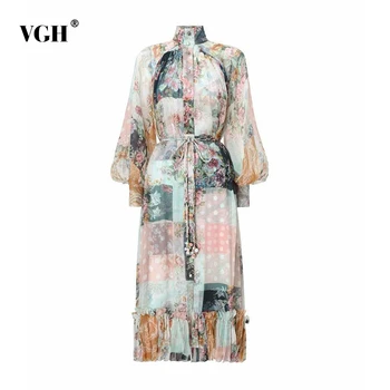 

VGH Elegant Print Dresses Female Turtleneck Lantern Long Sleeve High Waist Lace Up Bow Patchwork Ruffles Hit Color Dress Women