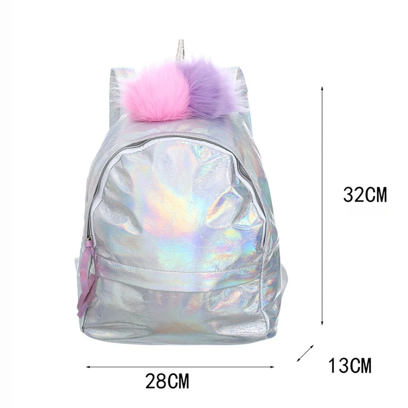 1 PC PU Laser Unicorn Backpack Cute Fur Ball Children Double Shoulder Bag Women Travel Backpack Dropship New Arrival Wholesale