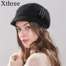 Женский берет из ангоры Xthree, новая зимняя вязаная шапка для девушки, шапки из меха ангорского кролика с полями