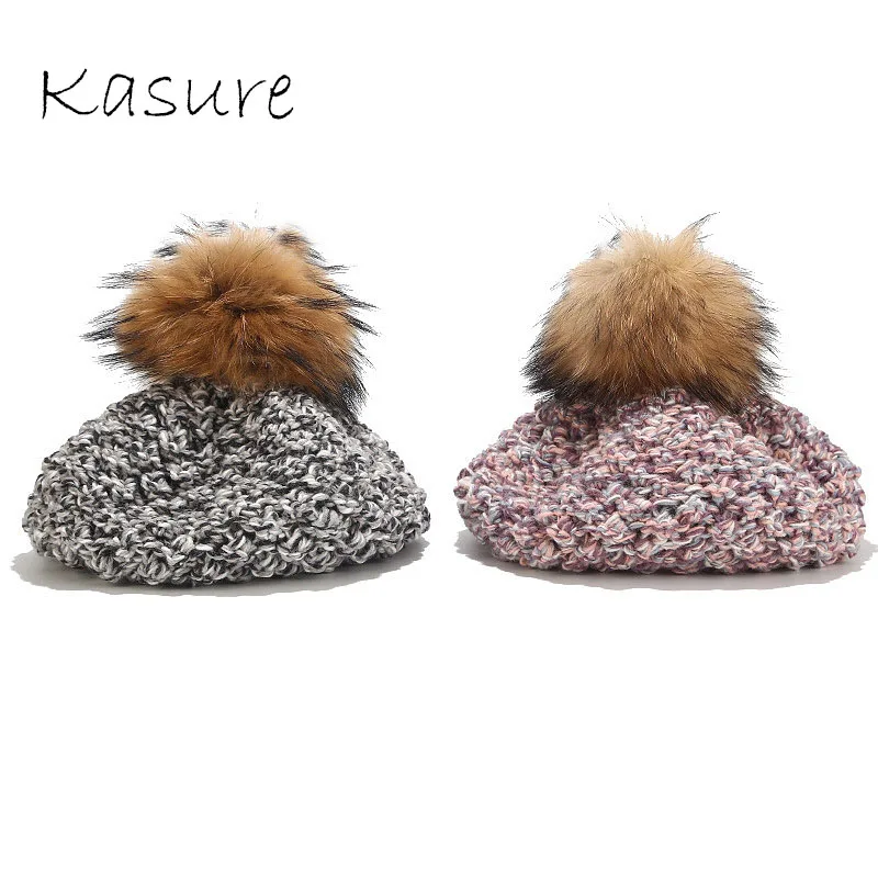 KASURE новые модные зимние теплые двухцветные вязаные цветные береты с подвижным меховым помпоном для женщин и девочек