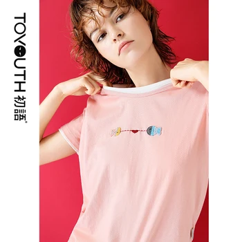 

Toyouth 2020 Summer Women T-Shirts Embroidery Cotton Hit Color White Pink Loose Straight Short Sleeve T-shirt Tees For Female
