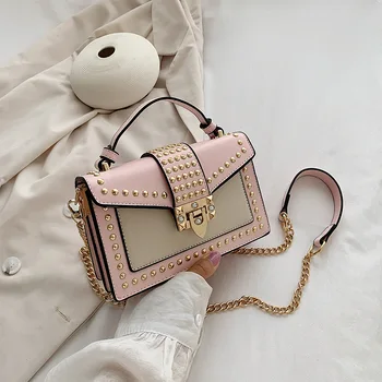 

women's bag Brand Original Design 2020 New Casual Joker Shoulder Messenger Bag Chain Portable Square Bag rivet style