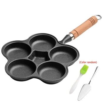 

5 Holes Omelette Pan Cookware Non Stick Hamburger Frying Wooden Handle Thick Household Kitchen Multi-function Anti-scalding