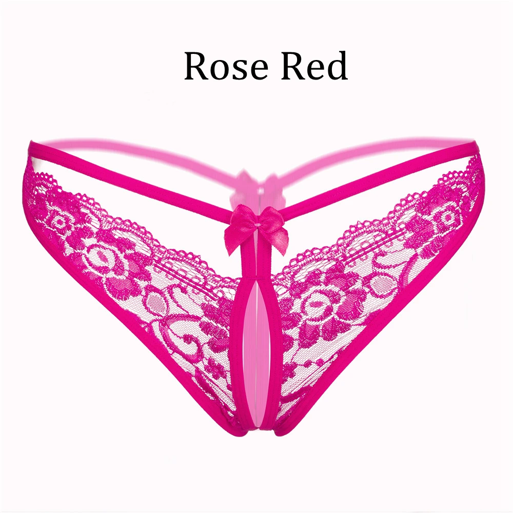 Новые Эротические трусики-стринги без выреза для женщин, сексуальные прозрачные кружевные стринги с открытой промежностью, нижнее белье с бантом, ночное белье - Цвет: rose red