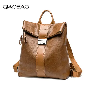 

QIAOBAO Vintage Cowhide Leather Backpack Women Large Capacity School Bag for Girls Leisure Shoulder Travel Bags for Female