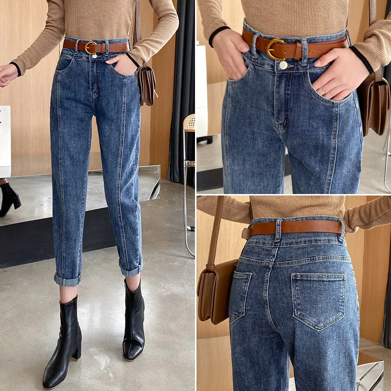 

Winter Jeans for Women Velvet Thick Warm Denim Pants High Waist Fleece Mom Jeans Vintage Ankle-Length Harem Denim Pants