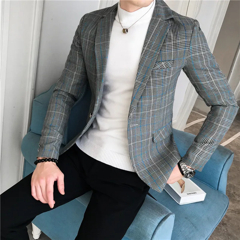 Suit jacket autumn new men's casual plaid blazert high quality men's fashion slim single button business casual suit jacket Suit jacket autumn new men's casual plaid blazert high quality men's fashion slim single button business casual suit jacket