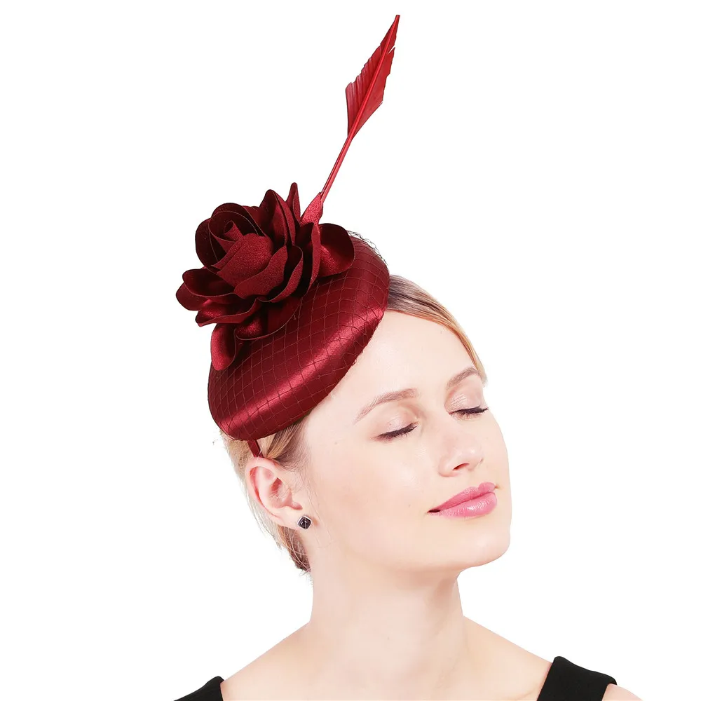 Women Cocktail Wedding Party Bridal Hat Fascinator Fashion marron Feather Satin Fascinator Hat Hair Clip Ladies Dress Headband