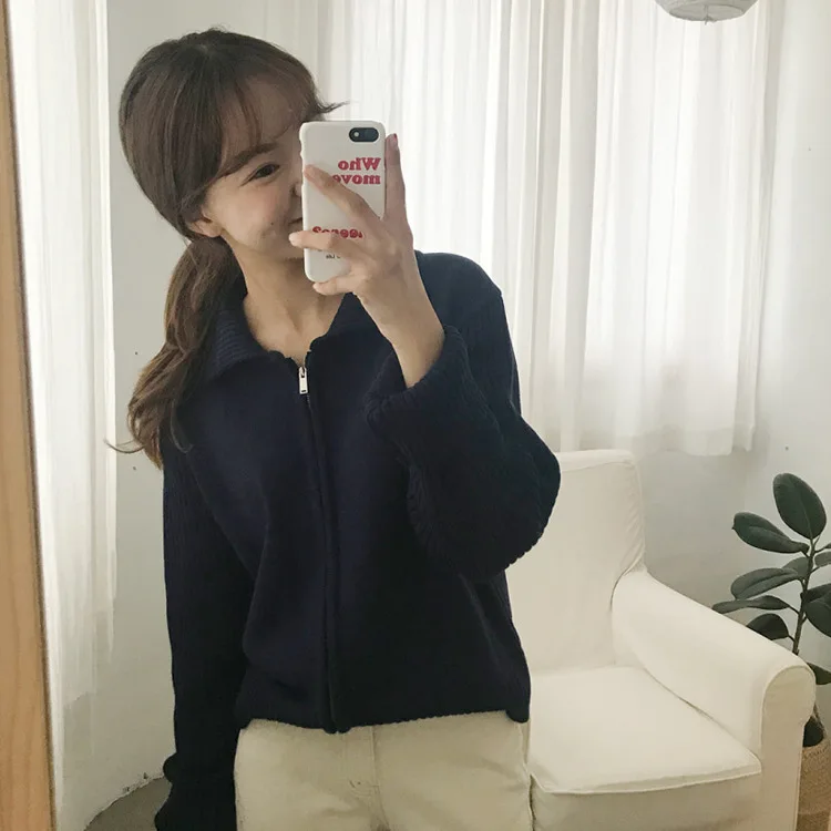 

South Korea CHIC Spring Clothing New Style Solid Color Sunken Stripe Cardigan Fold-down Collar Long-sleeve Zipper Sweater