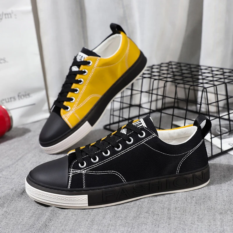 Black yellow Мужская Вулканизированная обувь; модная парусиновая Повседневная обувь; дышащая обувь на шнуровке; Легкие Теннисные кроссовки для скейтборда; Masculino - Цвет: Black yellow