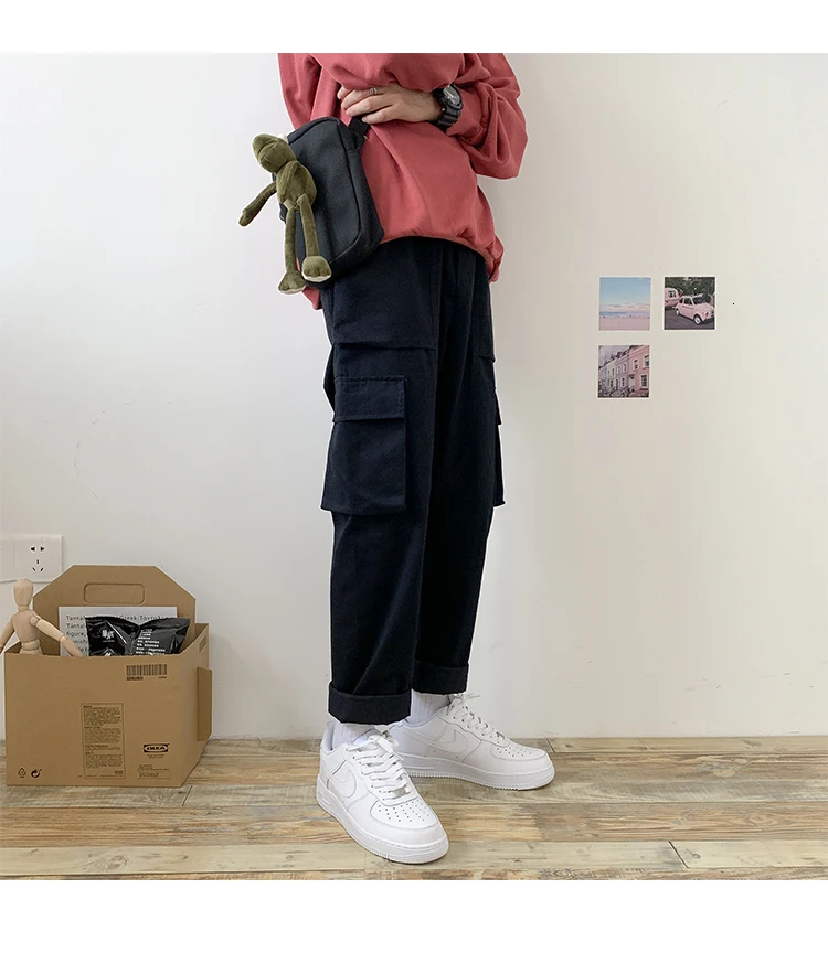 Cotton Overalls Men's Fashion Solid Color Multi-pocket Tooling Pants Men Streetwear Loose Hip Hop Straight Joggers Trousers Mens