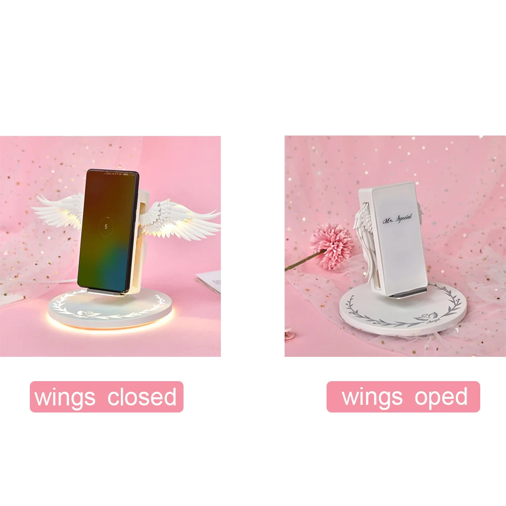 10W Wireless Charger Angel Wings Night Light Mobile Phone Wireless Charger for Android Apple USB Fast Charge with Night Light
