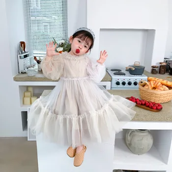 

3381 2020 Spring New Girls' Korean Princess Dress Children's Mesh Yarn Bubble Sleeve Chiffon Dress Palace Style