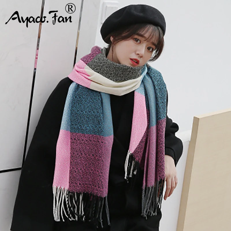 

2019 Autumn Winter New Patchwork Colors Cashmere Thicken Women Scarf for Girls Students Lady Cute Tassel Long Scarves Shawl