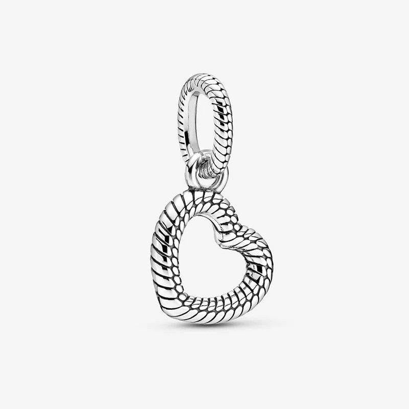 

New 2020 Snake Chain Pattern Open Heart Pendant Silver color Charm Beads Fit Original Pandora Charm Bracelet Jewelry Gift