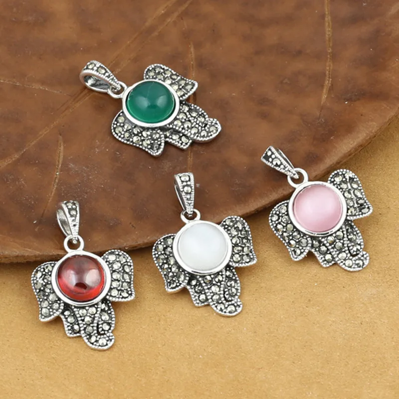 

925 Sterling Silver Jewelry Retro Thai silver Women Models Popular Marcasite Inlaid Opal Small Elephant Pendant Accessories