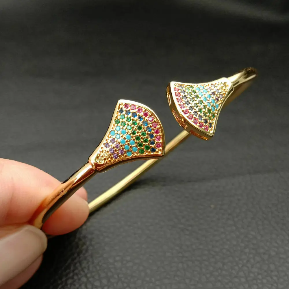 

cubic zirconia pave mixed color Double fan-shaped Open Cuff Bangle bracelet