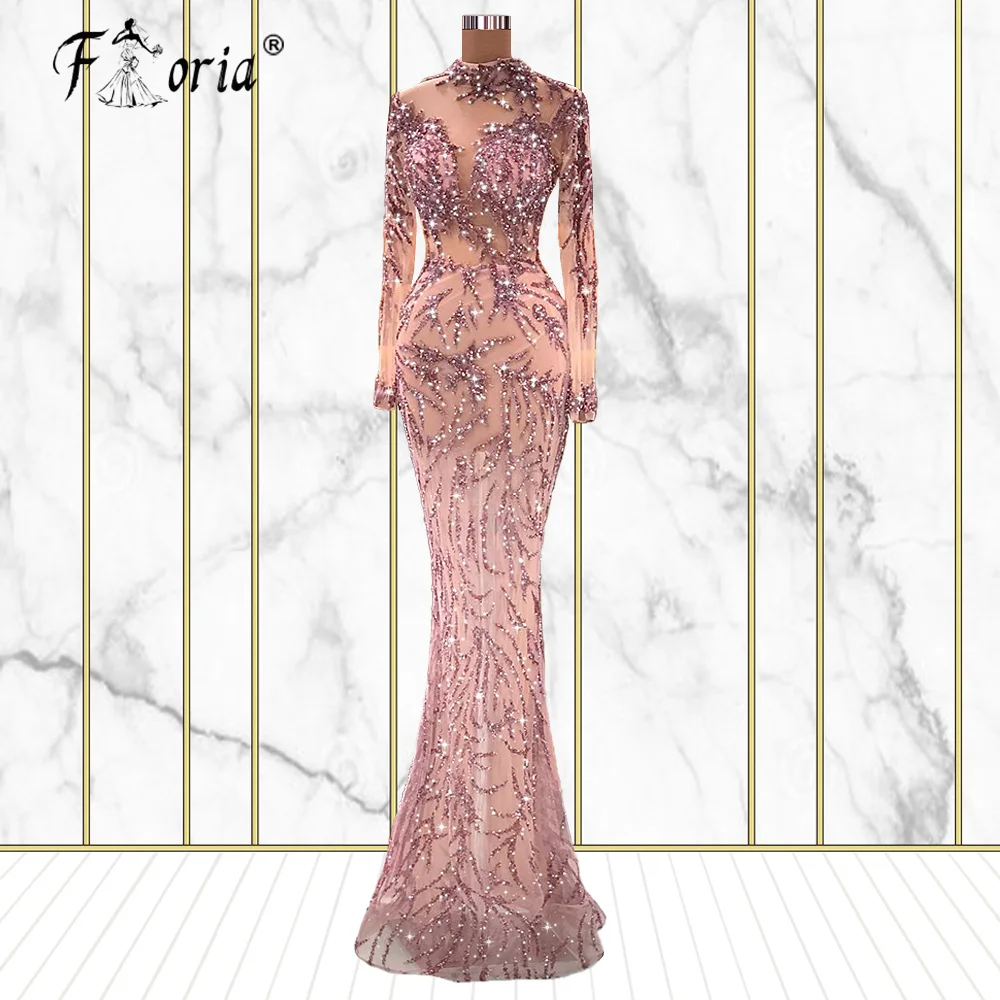 formal evening gowns Blush Pink Mermaid Luxury Dubai Evening Dresses Long Sleeve Beaded Arabic Prom Formal Dress Women Party Gowns Robe de mariée green evening gown