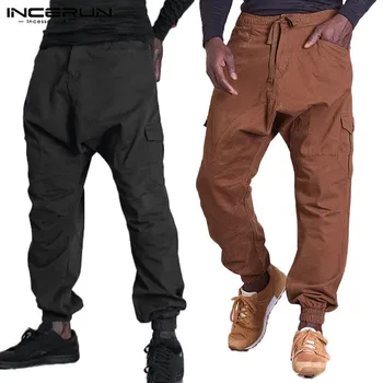 

INCERUN Fashion Men Cargo Pants Solid Color Multi Pockets Drawstring Streetwear Casual Trousers Men Breathable Joggers Pants 5XL