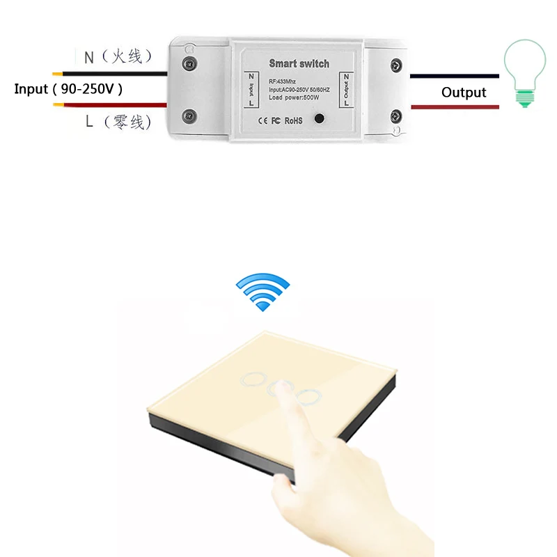 

Home touch remote control switch wireless RF 433MHz transmitter 90v-250v receiver power supply controller Wireless ON/OFF Lamp
