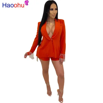 

HAOOHU Sexy Club Outfits Two Piece Set Women Festival Clothing Back Split Fringe Blazer Top Shorts 2 Piece Fall Matching Sets