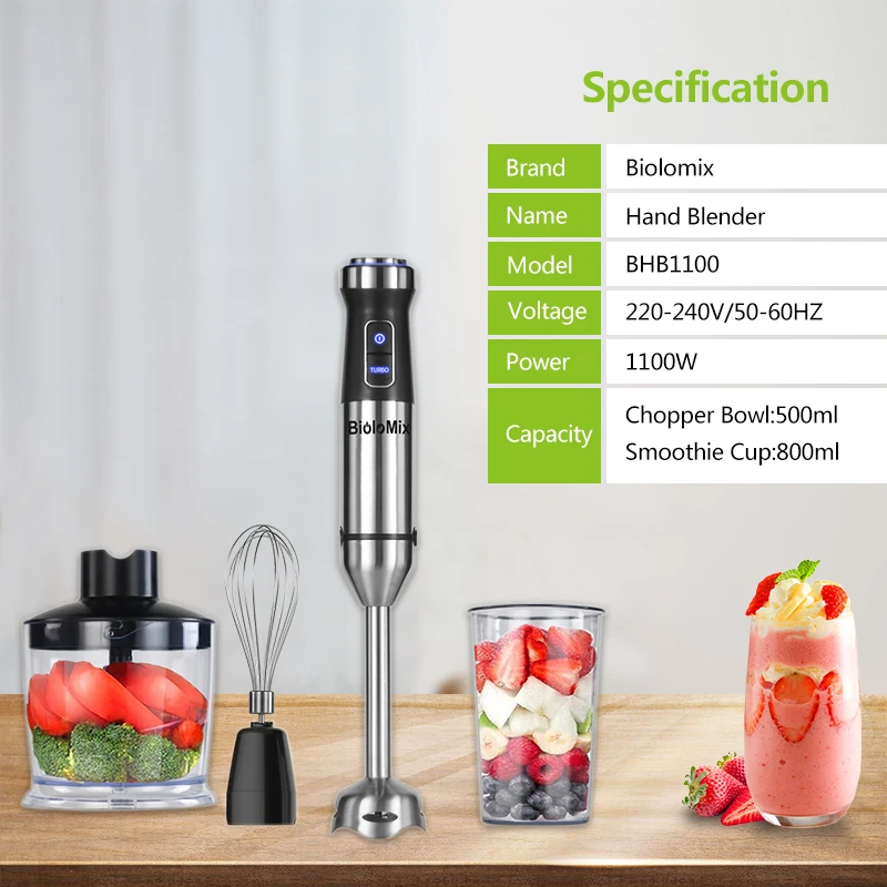 4in1 Stainless Steel 1100W Immersion Hand Stick Blender Mixer Vegetable Meat Grinder 500ml