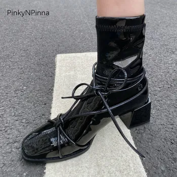 

2020 autumn designer cross-tied soft patent leather chunky high heels shining ankle boots women party commuter short booties