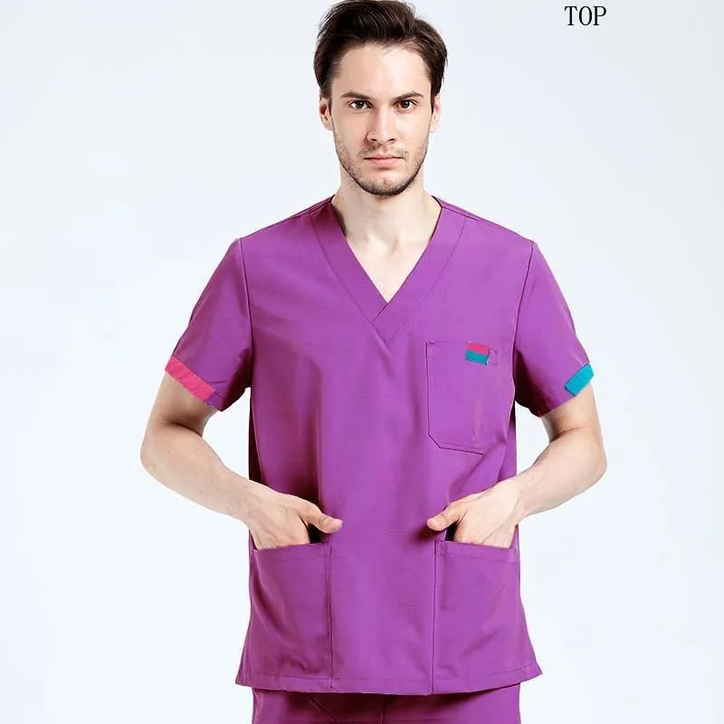 purple Мужская медицинская униформа, чистый хлопок, короткий рукав, топ, доктор, одежда для медсестер, Классическая рубашка с v-образным вырезом, цвет блокирует дизайн(только топ - Цвет: purple