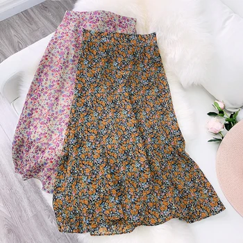 

Wasteheart Spring New Pruple Women Skirt High Waist A-Line Long Skirt Mid-Calf Ruffles Sexy Skirt Casual Skirts Chiffion
