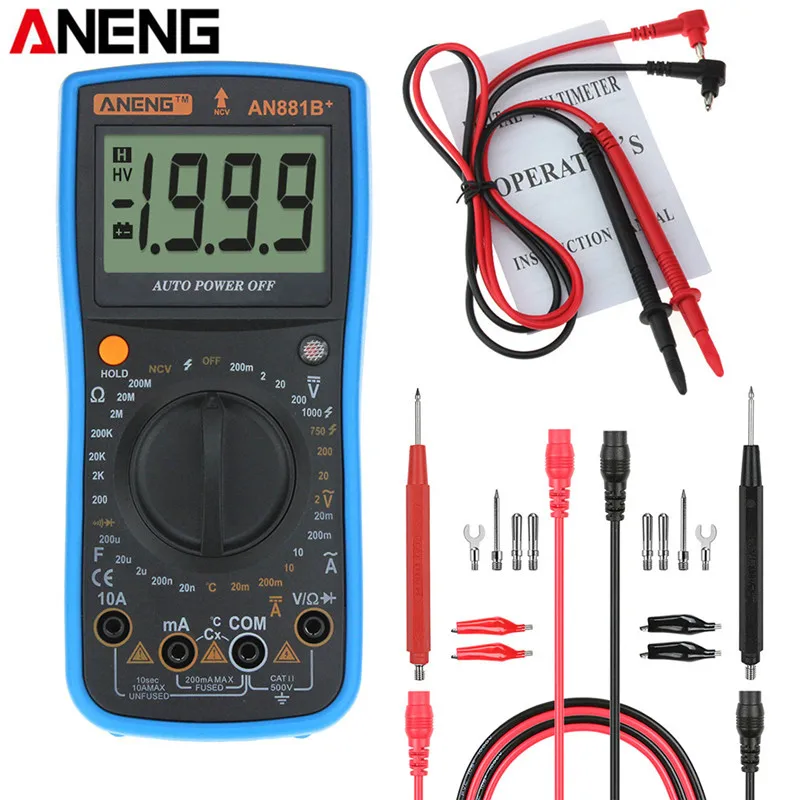 Синий ANENG AN881B+ ЖК-цифровой мультиметр с подсветкой AC/DC температура Амперметр Вольтметр Напряжение Ток Ом тестер мультиметр - Цвет: Синий