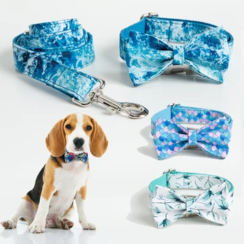 

Dog collar and leash set with bow tie for big and small dog cotton fabric collar top quality zinc alloy buckle Cat collar