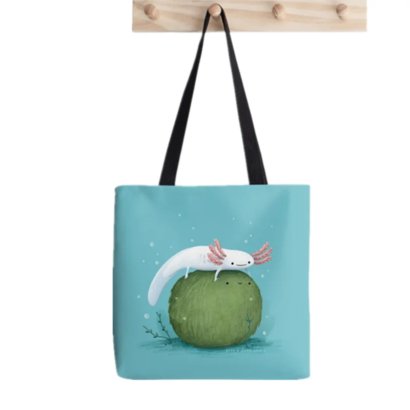 Shopper Axolotl on Mossball Tote Bag Painted Tote Bag women Harajuku shopper handbag girl Shoulder shopping bag Lady Canvas Bag