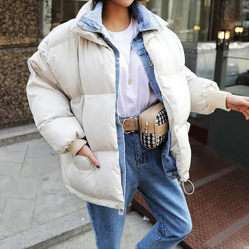 

2018 Winter New Style Korean-style Cowboy Collar Mock Two-Piece down Coat Cotton-padded Clothes WOMEN'S Dress Loose-Fit Joint Co