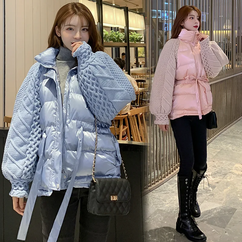 

2019 Winter New Style Korean-style Stand Collar Yarn Sleeve Joint Waist Hugging Lace-up Bright Surface Thick Cotton Coat Coat Wo