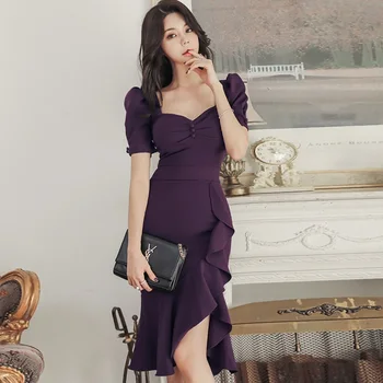 

Summer New High Waist Purple Vestidos Women's Puff Short Sleeve Fishtail Ruffles Irregular Knee-Length Sexy Party Dress