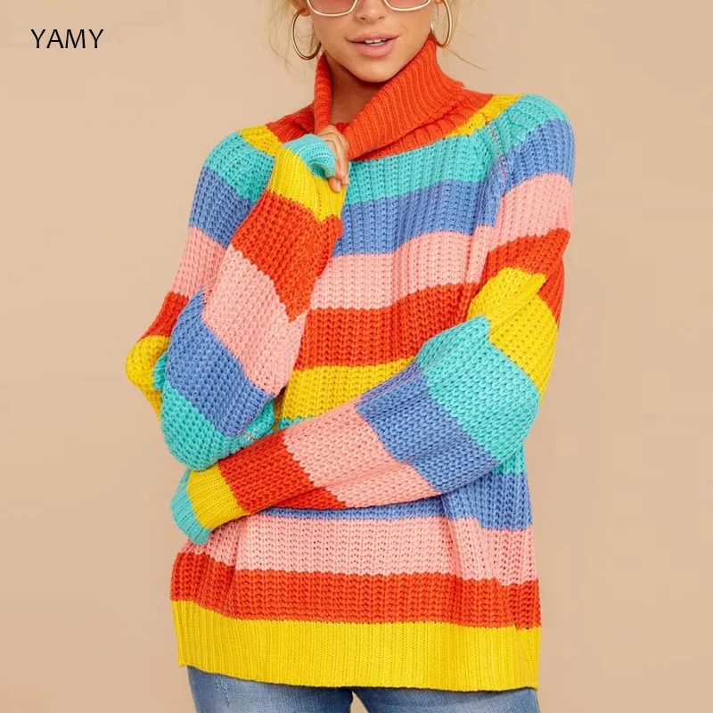 

Chic rainbow stripe Sweater Women turtleneck corlorful casual knitted Pullover Streetwear Winter Autumn thick loose Jumpers 2019