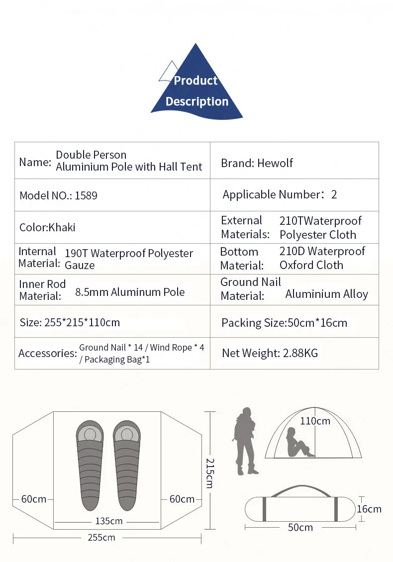 Hewolf Outdoor Winter Camping Tent 2 Persons Double Layer Waterproof Aluminum Alloy Tent Pole Breathable Double Doors Tent