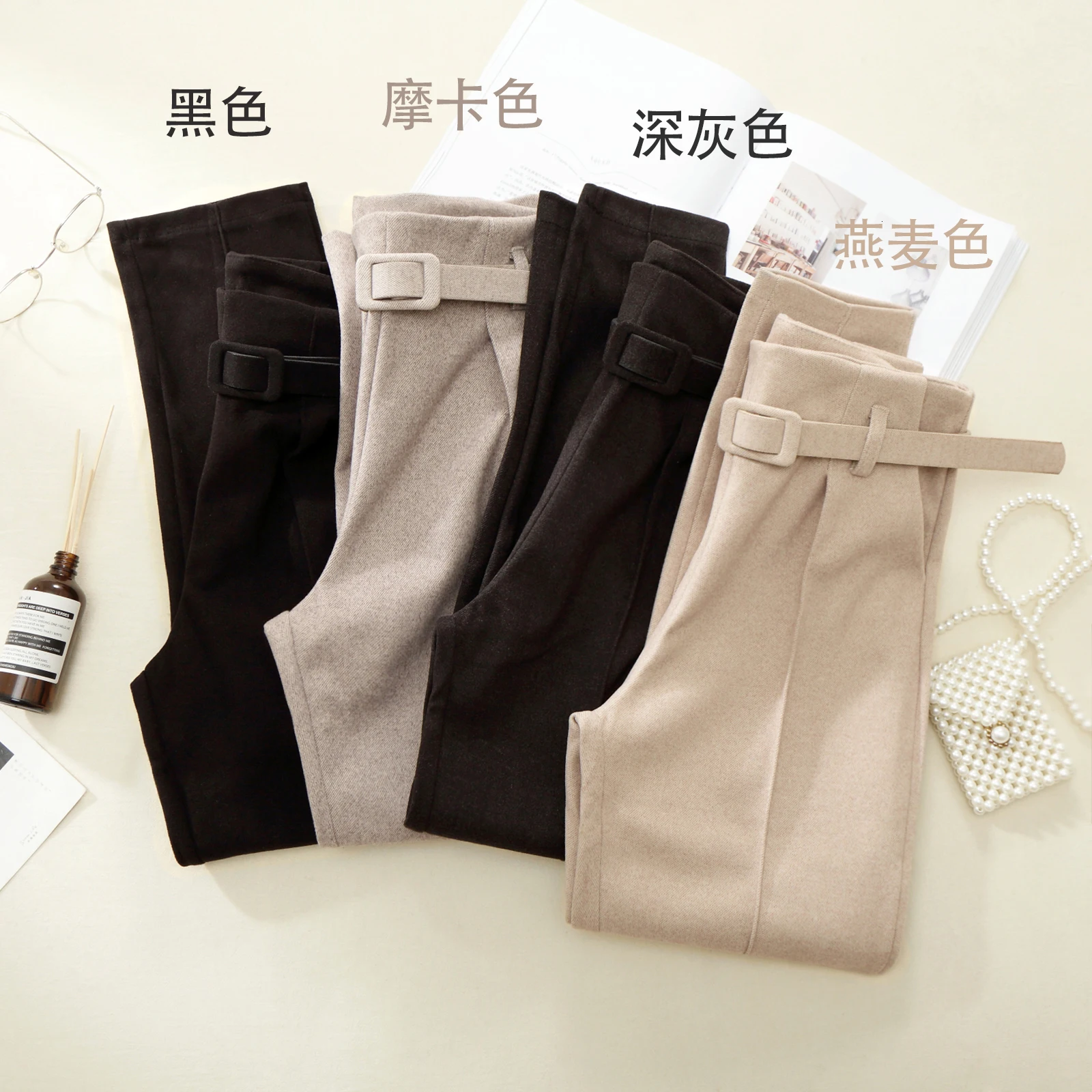 Зимние шерстяные брюки женские белые шаровары с поясом Higt талии повседневные брюки корейский стиль официальные брюки